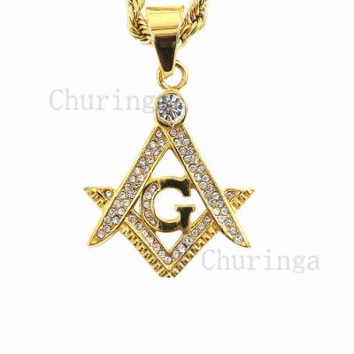 Full Crystal-Encrusted 18K Gold-Plated Stainless Steel Masonic Pendant