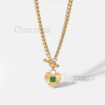 Occident Heart Unlaid Green Agate OT Buckle Cuban Chain Stainless Steel Necklace