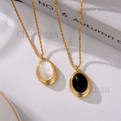 Agate White Shell Oval Stainless Steel Gold Plated Pendant