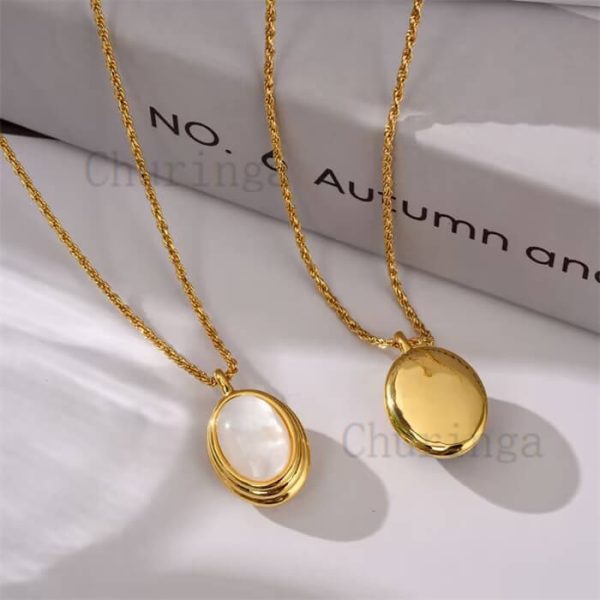 Agate White Shell Oval Stainless Steel Gold Plated Pendant