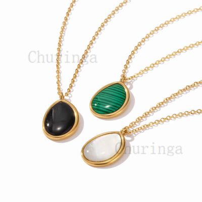Agate Malachite White Shell Water Drop Shaped Stainless Steel Pendant
