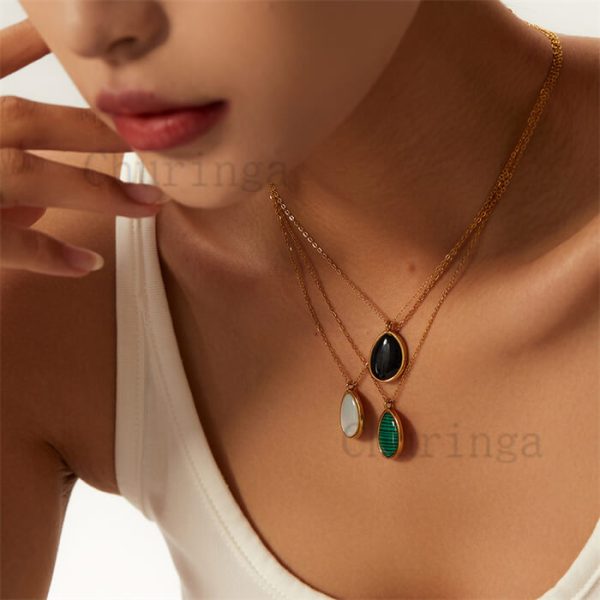 Agate Malachite White Shell Water Drop Shaped Stainless Steel Pendant