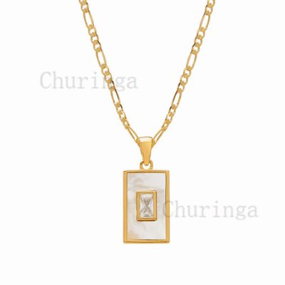 Square Shape White Shell Inlaid Zircon Gold Plated Stainless Steel Pendant