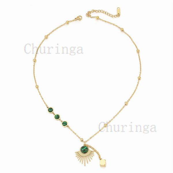 Premium Sense Fan-Shaped Inlaid Malachite Stainless Steel Necklace