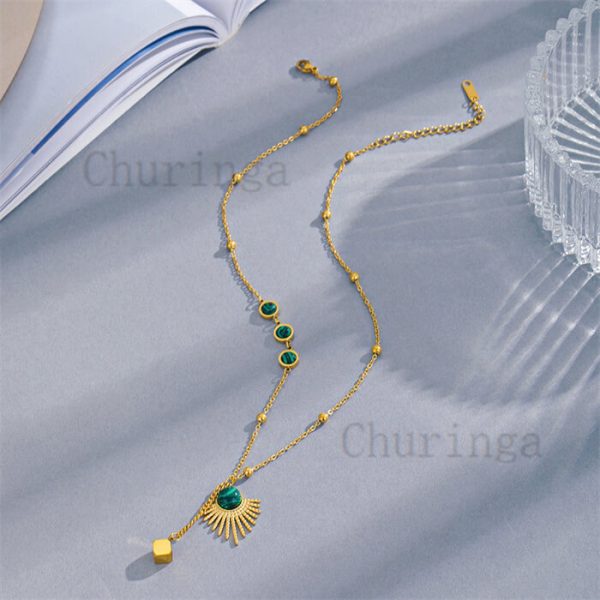 Premium Sense Fan-Shaped Inlaid Malachite Stainless Steel Necklace