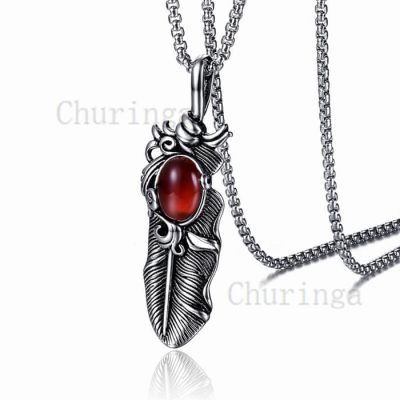 Feather Vintage Red Agate Stainless Steel Pendant