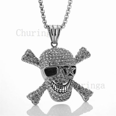 Vintage Goth Male Pirate Ship Full of Crystal Stainless Steel Skull Pendant
