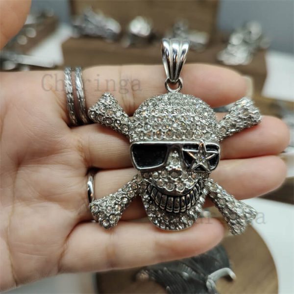 Vintage Goth Male Pirate Ship Full of Crystal Stainless Steel Skull Pendant