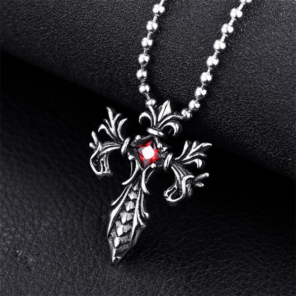 Stainless Steel Cross Pendant Dragon Shape Inlaid With Red Zircon