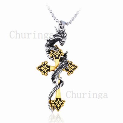 Majestic Coiling Dragon Engraved Stainless Steel Cross Pendant