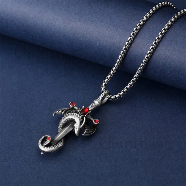 Stainless Steel Cross Pendant With A Replica Dragon Sword