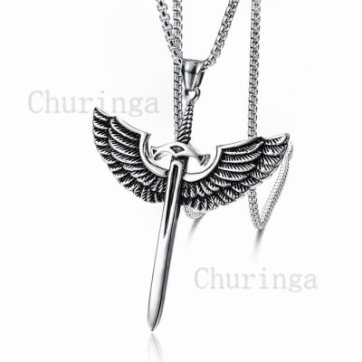 Stainless Steel Cross Feather Sword Pendant
