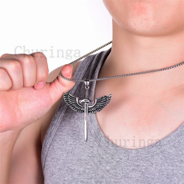 Stainless Steel Cross Feather Sword Pendant