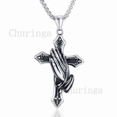 Personality Pray Hands Stainless Steel Cross Pendant