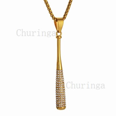 Hip Hop Personality Crystal-Encrusted Baseball Bat Stainless Steel Gold-Plated Pendant