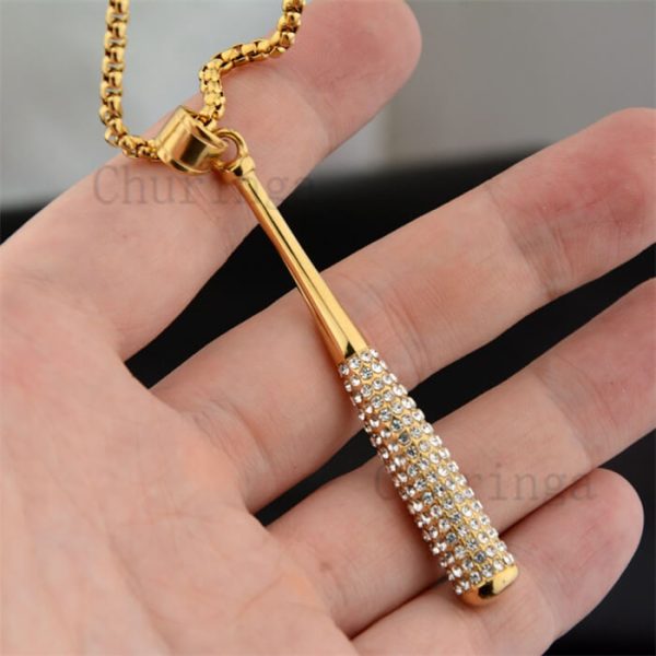 Hip Hop Personality Crystal-Encrusted Baseball Bat Stainless Steel Gold-Plated Pendant