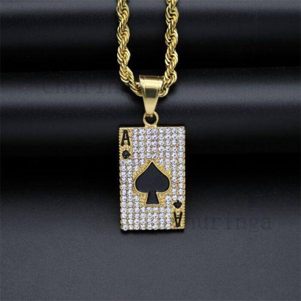 Gold Plated & Crystal-Encrusted A Playing Card of Spades Stainless Steel Hip Hop Pendant