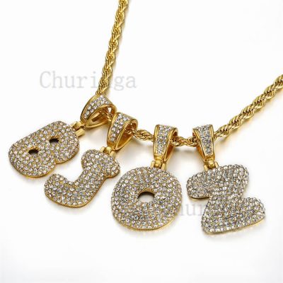 Gold Plated Full Crystal 26 Bubble Letter Stainless Steel Hip Hop Pendant