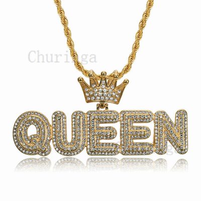 316L Gold Plated Full Crystal QUEEN Stainless Steel Pendant