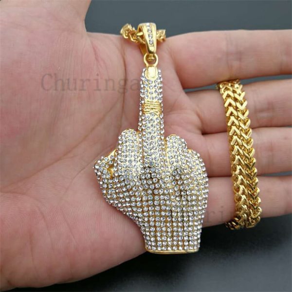 Gold-Plated Full Crystal Middle Finger Hip-Hop Dance Stainless Steel Pendant
