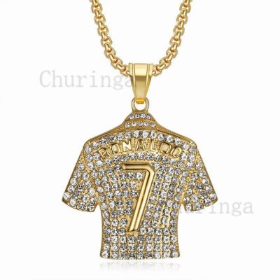 Ronaldo No. 7 Gold-Plated Full Crystal Jersey Stainless Steel Hip Hop Pendant