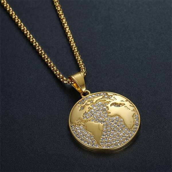 World Map Gold Plated Stainless Steel Hip Hop Pendant