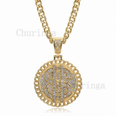 Dollar Sign Cuban Chain Round Brand Stainless Steel Gold Plated Hip Hop Pendant
