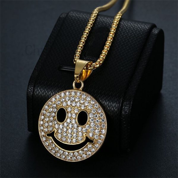 Gold Plated & Crystal-Encrusted Smiley Face Stainless Steel Hip hop Pendant