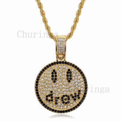 Drew Smiley Face Gold Plated Full Diamond Hip Hop Stainless Steel Pendant