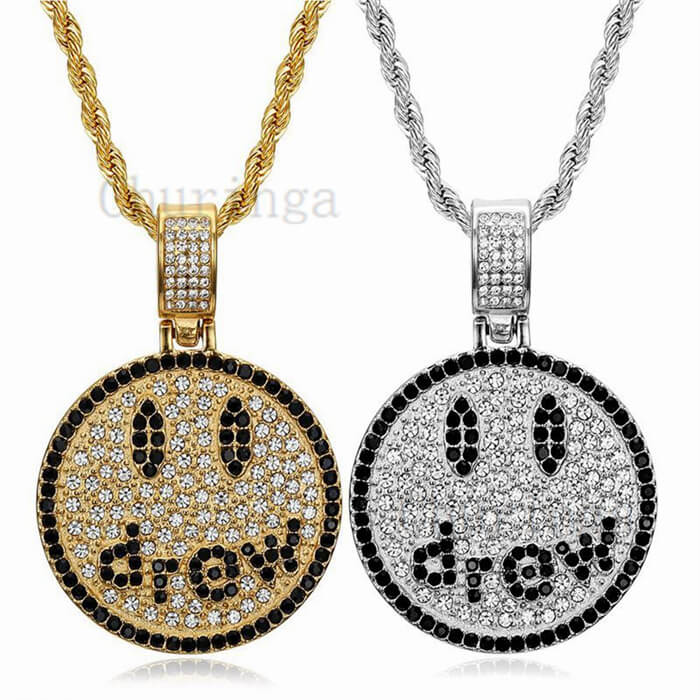 Drew Smiley Face Gold Plated Full Diamond Hip Hop Stainless Steel Pendant