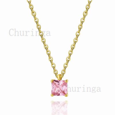 Simple Square Pink Zircon Stainless Steel Pendant