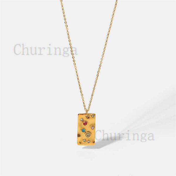 Stainless Steel Pendant With 18K Gold Plated Zircon Hammer Square Pendant