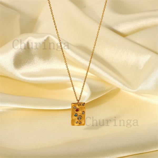 Stainless Steel Pendant With 18K Gold Plated Zircon Hammer Square Pendant