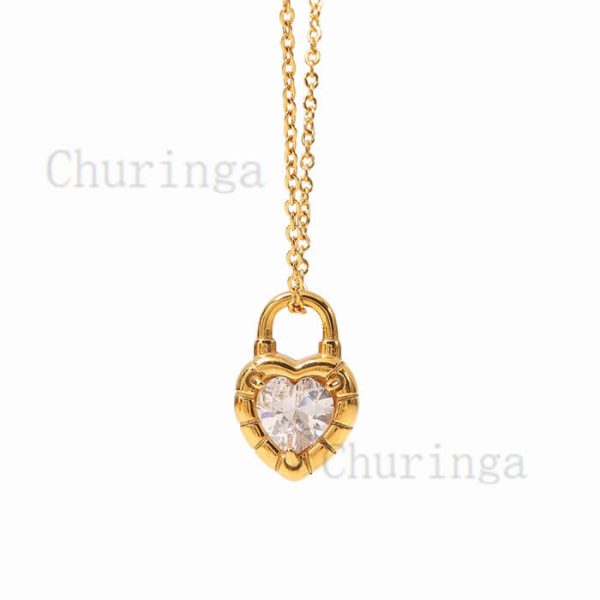 Lock Inlaid With Peach Heart Zircon High-Grade Stainless Steel Gold Plated Pendant
