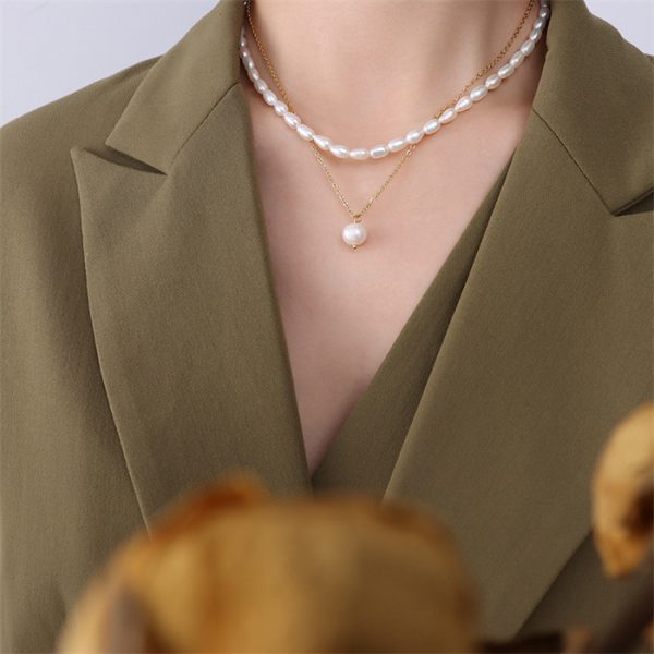 Double Baroque Pearl Necklace Simple Stainless Steel Pearl Necklace