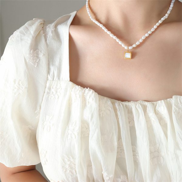 Square White Shell Baroque Pearl Stainless Steel Necklace