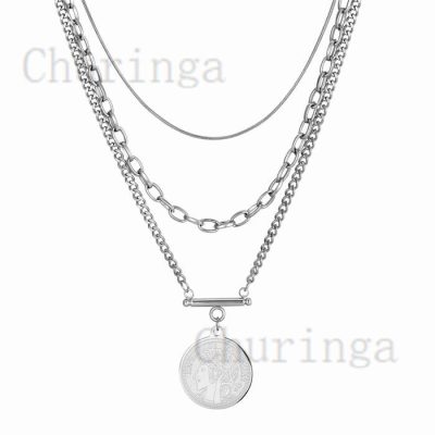 Multi layer Silver Coin Stainless Steel Necklace