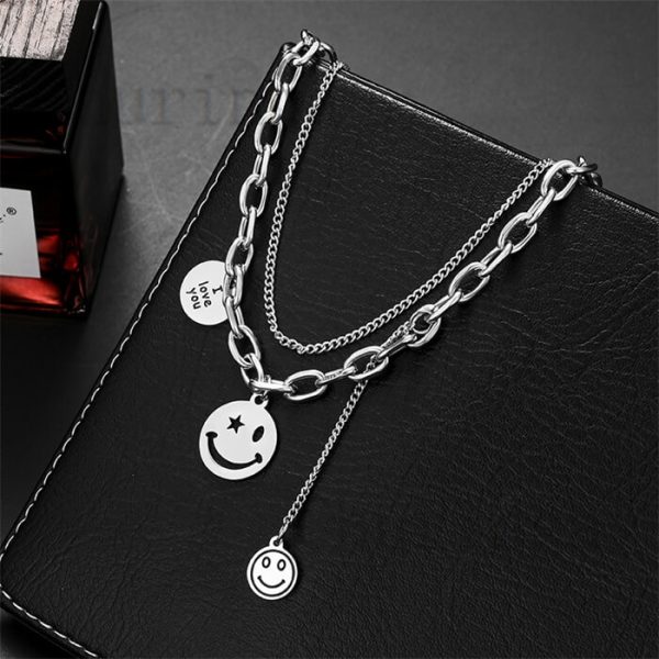 Double Layer Wear Round Brand Merci Smiley Face Stainless Steel Necklace