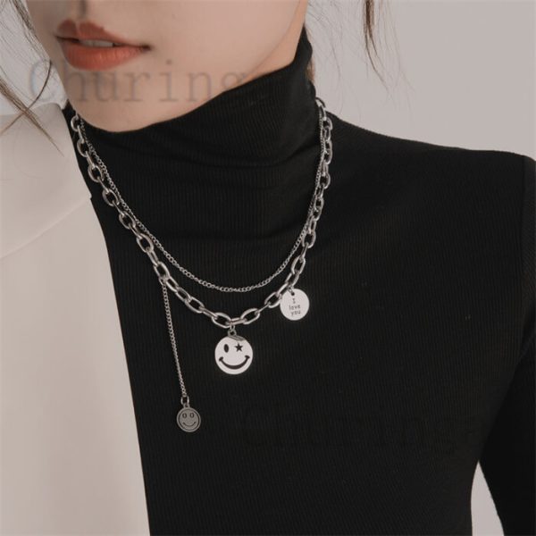 Double Layer Wear Round Brand Merci Smiley Face Stainless Steel Necklace