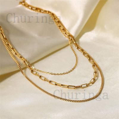 18K Gold Plated Box Chain Layered Stainless Steel Necklace