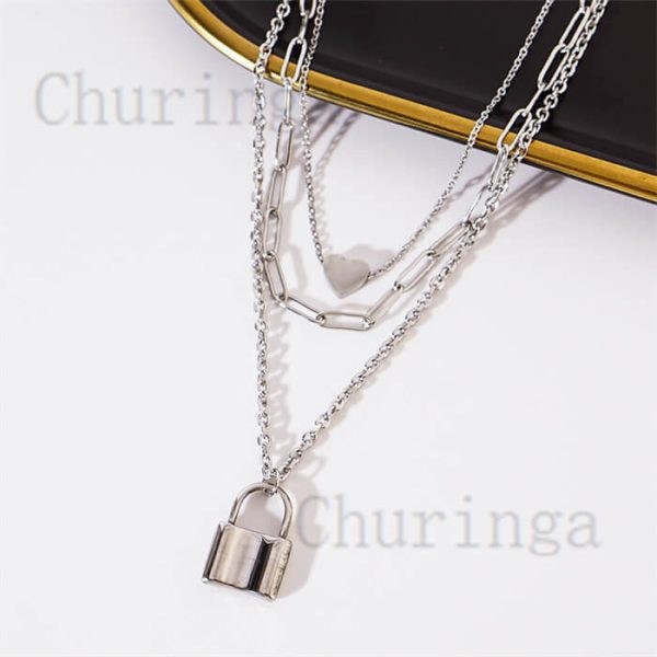Multi Layer Wear Love Padlock Stainless Steel Clavicle Chain