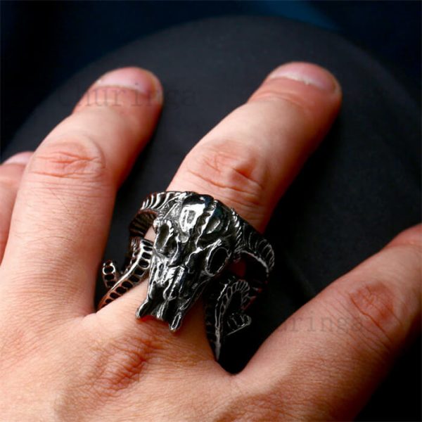 Stainless Steel Ancient Red Argali Skull Ring