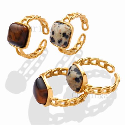Vintage Inlaid Natural Tiger Eye Gold Plated Stainless Steel Cuban Chain Ring