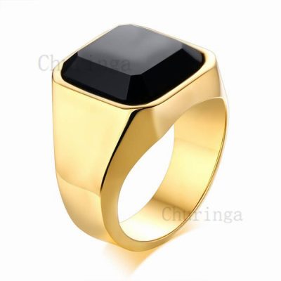 Occident Personality Inlaid Octagon Black/Red Glass Stainless Steel Ring