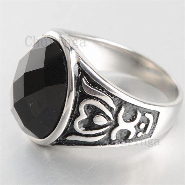 Stainless Steel Cast Retro Inlay Angled Black Agate Ring