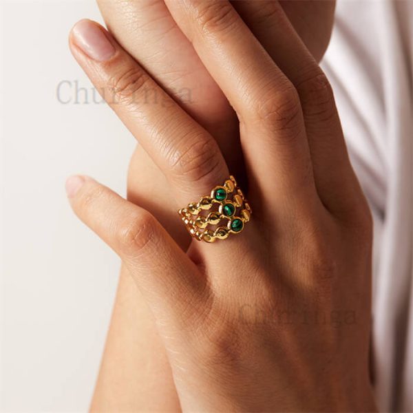 18K Gold Inlaid Malachite Stainless Steel Opening Ring For Women