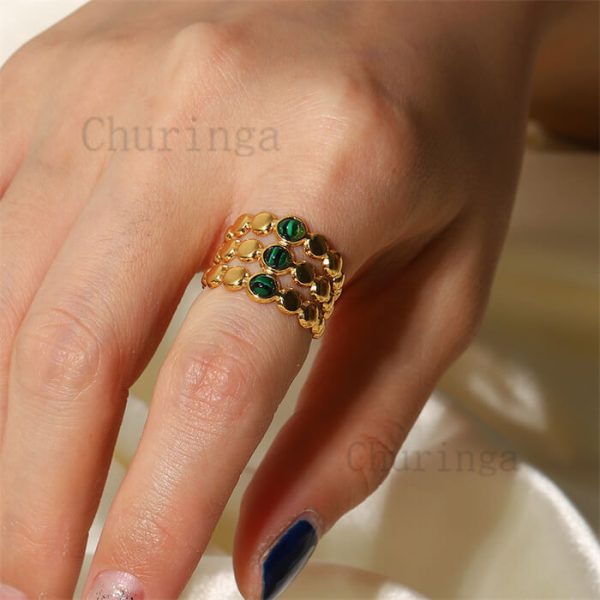 18K Gold Inlaid Malachite Stainless Steel Opening Ring For Women