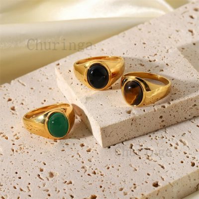 Elegant Vintage Stainless Steel 18K Gold Plated Mosaic Oval Tiger Eye Stone Ring