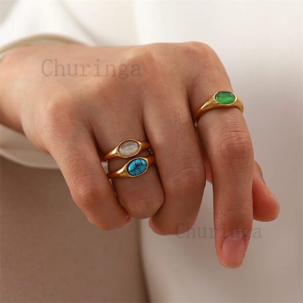 HSJZ0013 Stainless Steel 18K Gold Plated With Cat's Eye/Artificial Turquoise Ring