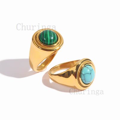Stainless Steel Inlaid Round Turquoise/Malachite Gold Plated Ring